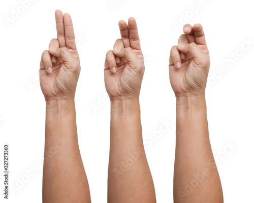 Group of Male Asian hand gestures isolated over the white background. Soft Grab Action. Touch Action. Touch Small Thing.