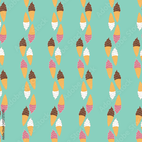 Vector green background vertical ice cream cone seamless pattern. Perfect for fabric, wallpaper and scrap booking.