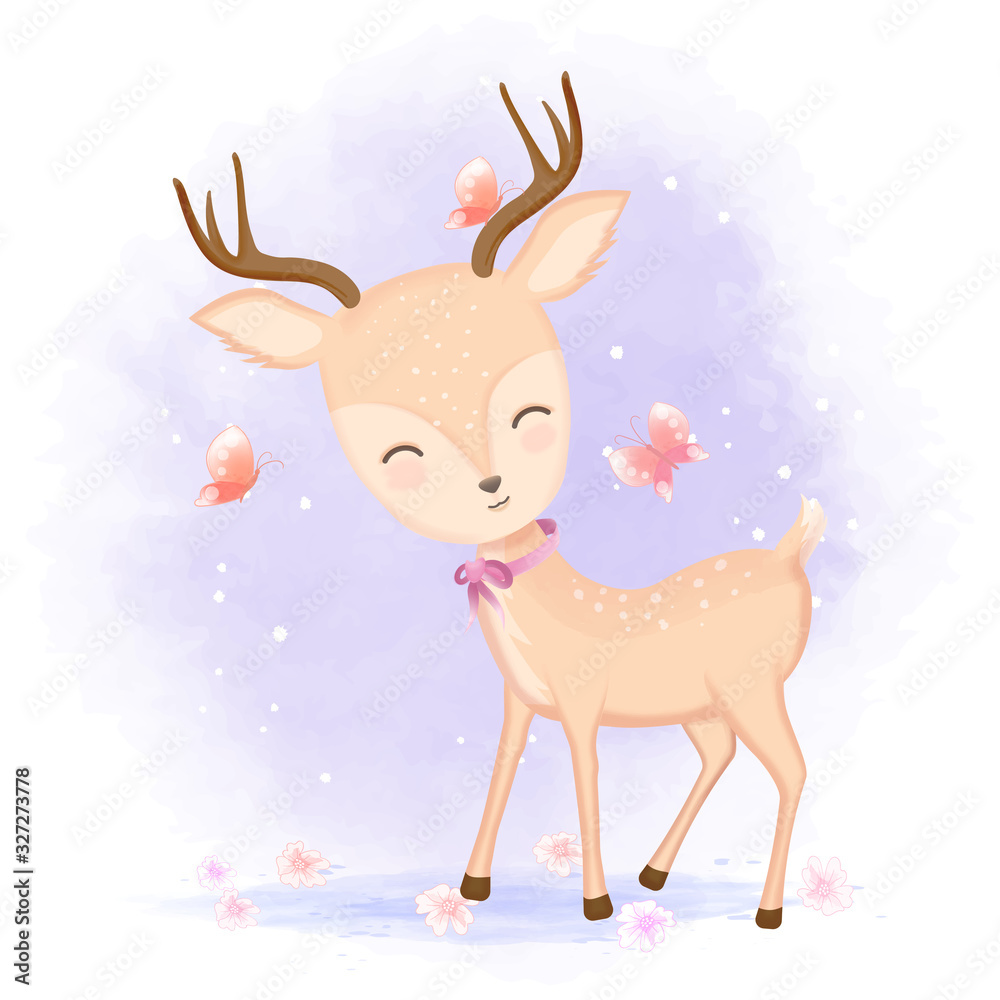 Cute deer with butterflies hand drawn cartoon illustration watercolor background Cute deer with butterflies hand drawn cartoon illustration watercolor background