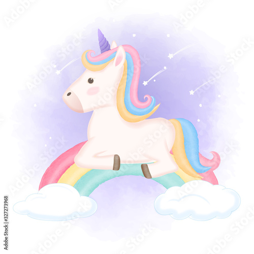 Cute unicorn relaxing on rainbow hand drawn animal watercolor illustration