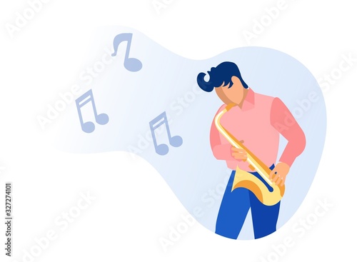 Musician Man Character Playing Saxophone Isolated on White Background. Man with Horn, Young Instrumentalist, Festival Jazz Music Player. Performance Soloist Cartoon Flat Vector Illustration, Clip Art