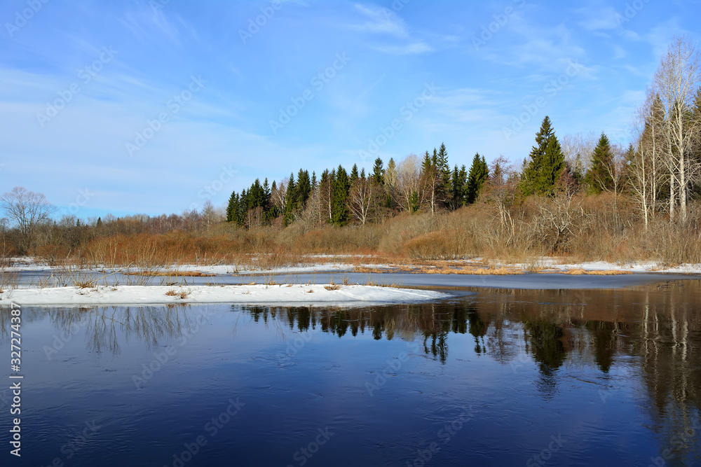 Reflection of a winter forest in a river