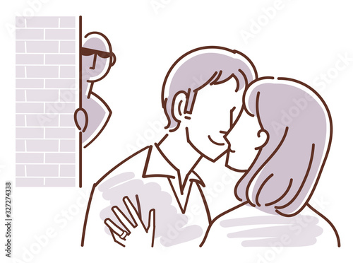 男女二人のイラスト（キスと目撃者・不倫）線画・セピア