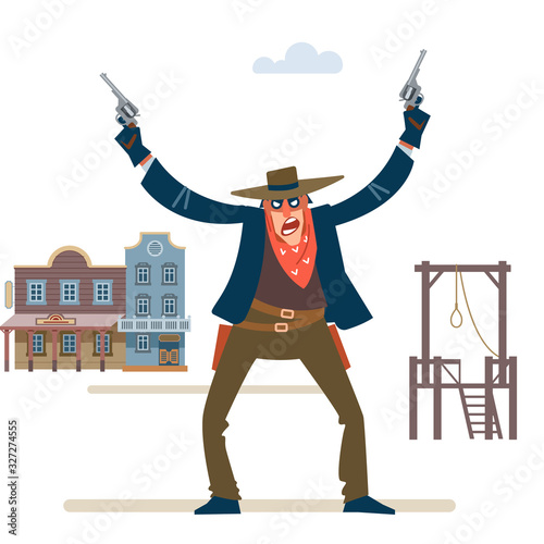 Cowboy western character wild west gunslinger holding two guns. Gunfighter isolated on white background. Vector flat cartoon style illustration