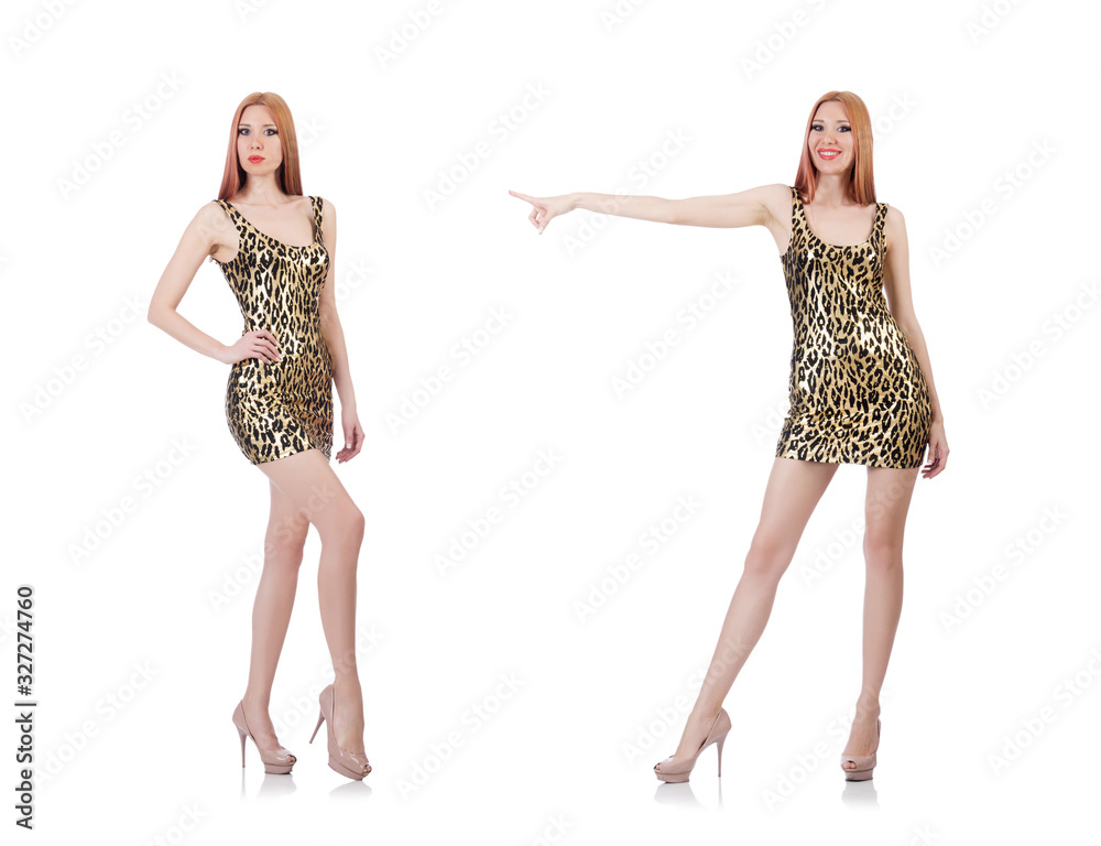 Model wearing fashionable clothing on white Model wearing fashionable clothing on white