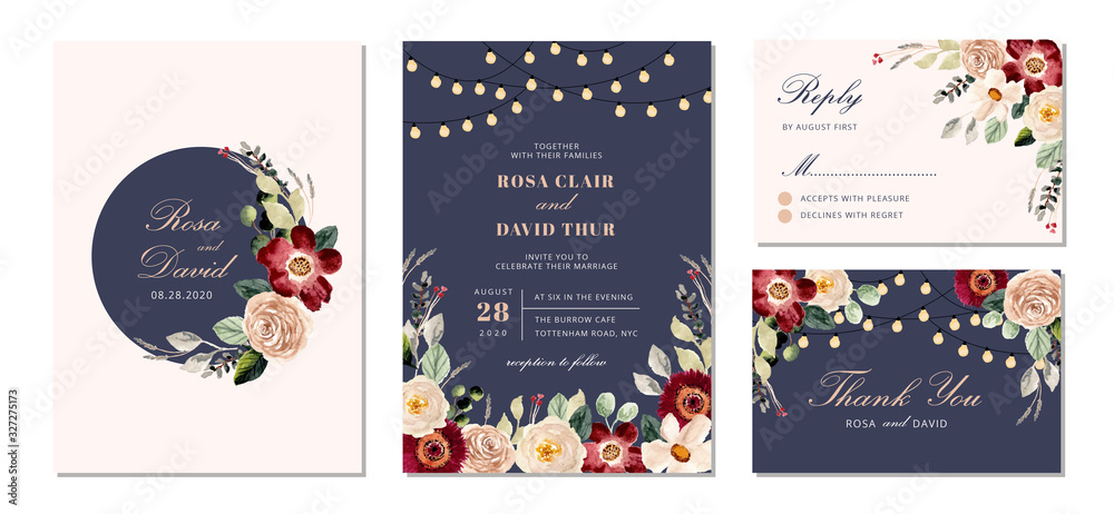 wedding invitation suite with string light and floral watercolor - obrazy, fototapety, plakaty 