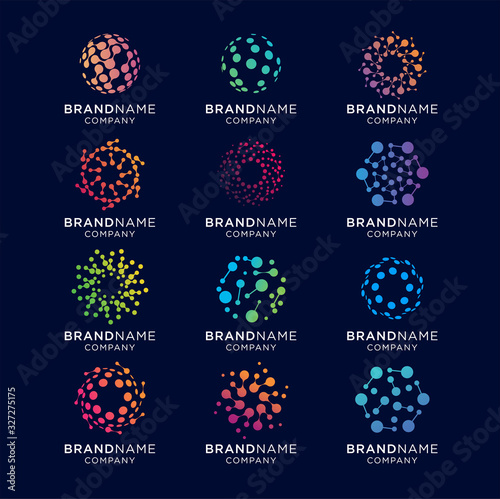Set of Modern Abstract Circle Technology logo template,Advanced analysis data base Logo symbol. Development of artificial intelligence sign. Abstract innovative high tech logo template. Colorful round