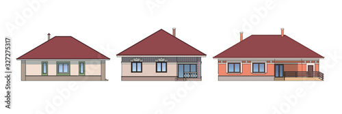 Set of architectural facades of houses. The drawing of the cottages. Isolated on white background. Vector multicolored illustration EPS10