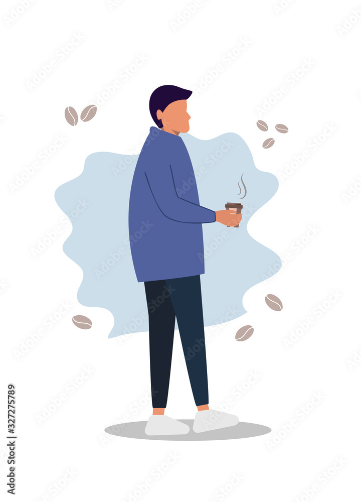 Handsome brunette man with Cofee to go. A hot beverage Concept for Restaurants and coffee shops. Flat Art Vector illustration