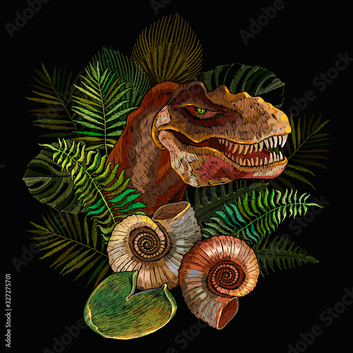 Tyrannosaurus rex head, ammonite fossil and palm leaves. Prehistoric life of dinosaurs. Archeology and paleontology art. Template for clothes, print