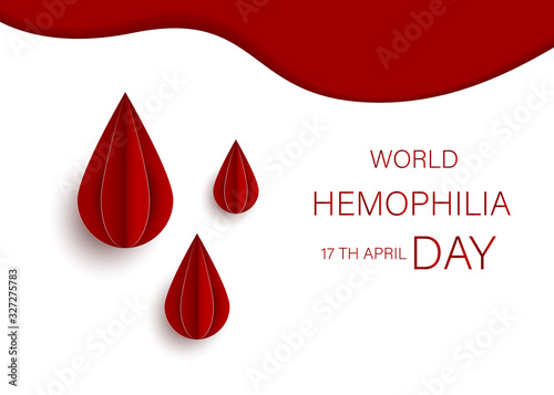 World Hemophilia Day card 17 april. Paper art vector illustration contains red bleeding heart on red background. Medical concept in the care of patients with hemophilia