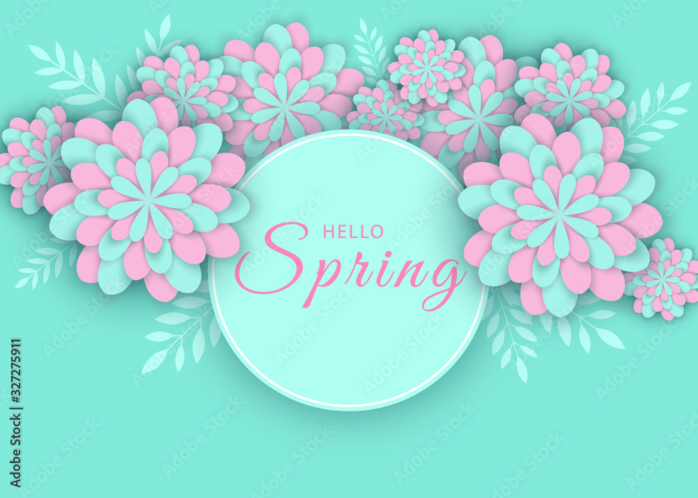 Beautiful Spring Background. Gerbera Flower Background and Spring is coming Lettering. Spring floral banner with paper cut blooming pink cherry flowers on blue background 