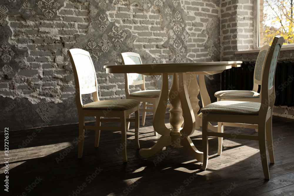 A set of furniture for the kitchen in the loft interior.