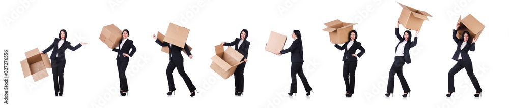 Woman with lots of boxes on white