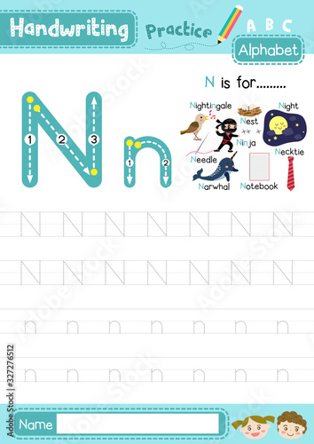 Letter N uppercase and lowercase tracing practice worksheet A4