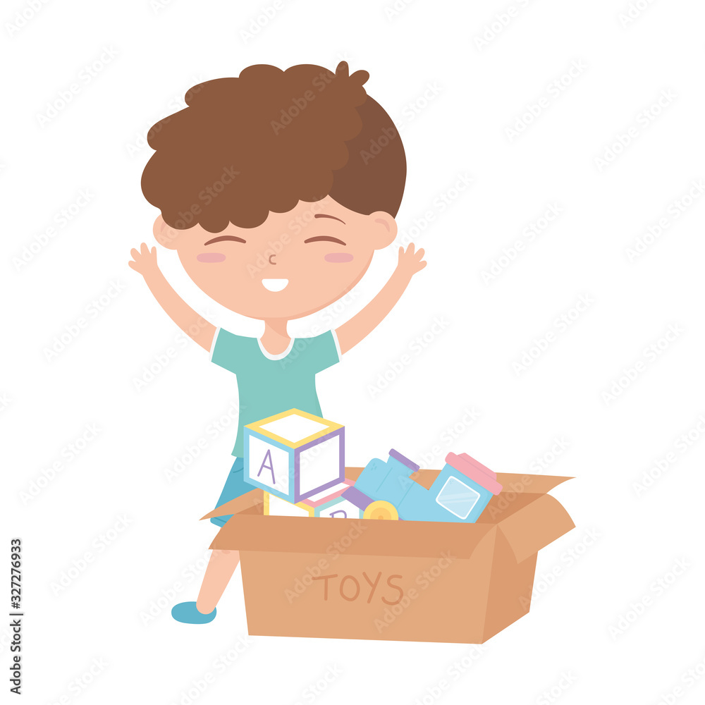 kids zone, cute little boy with filled box toys kids zone, cute little boy with filled box toys