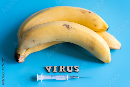 Virus infected banana concept. fruit disease transfer concept. The inscription virus and banana on a blue background