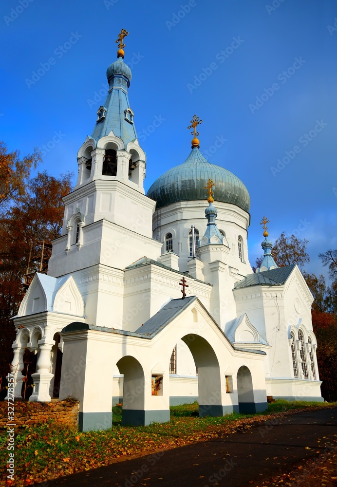 Panorama of an old Orthodox church with blue domes