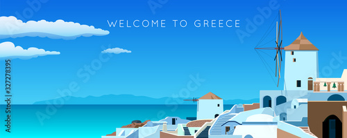 Santorini island. Greece landscape. Wide panorama old town in spring or summer. Sea, mountains, windmill and houses. Vector illustration