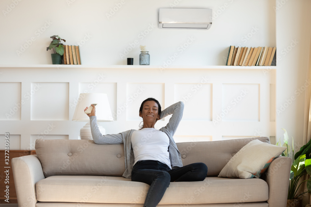 Happy biracial woman relax on couch under air conditioner Happy biracial woman relax on couch under air conditioner
