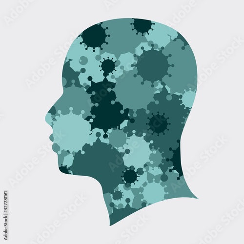 Silhouette of a human head. Health relative brochure, report or leaflet design template. Scientific medical designs. Virus outbreak concept. Group of viruses on backdrop. Double exposure effect