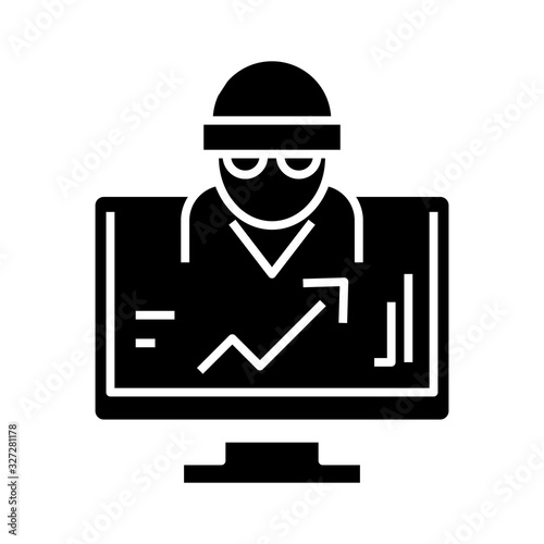 Data espionage black icon, concept illustration, vector flat symbol, glyph sign.