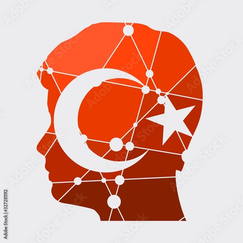 Double exposure portrait of young man. Flag of the Turkey. Low poly concept triangular style. Molecule and communication background. Connected lines with dots. Gradient painting