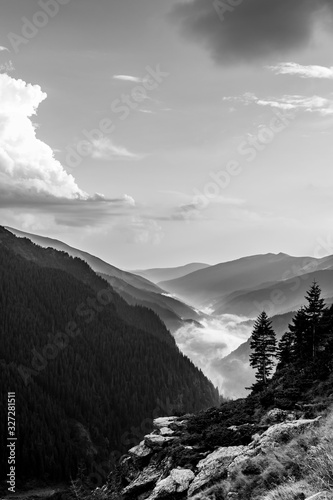 Black and white composition of mountain rock with foggy forest landscape in the background