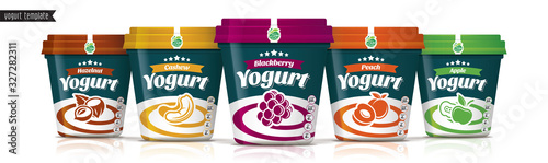 Yogurt vector packaging design. Fruit and nuts yogurt set.