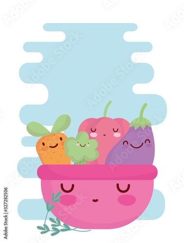 pink bowl with vegetables menu character cartoon food cute photo