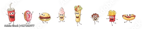 Funny cartoon fast food. Set vector illustrations with different comic product.