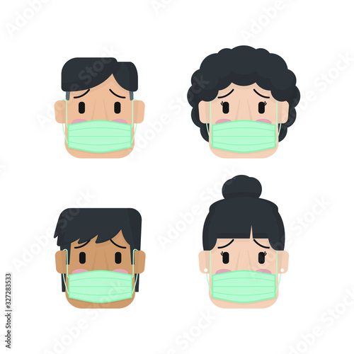 boy or Girl or young woman or young men wearing face medical mask isolated cartoon vector icon, cold flu virus epidemic prevention, allergy, air pollution protection.