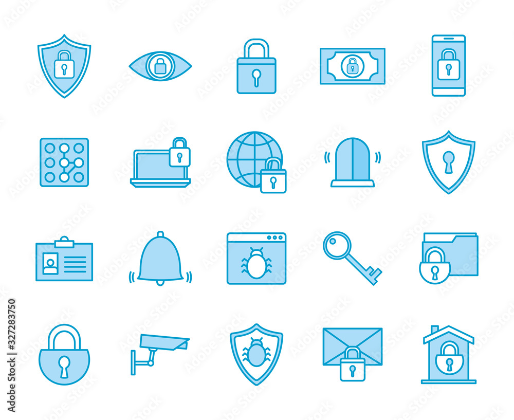 Fototapeta premium Isolated security line and fill style icon set vector design