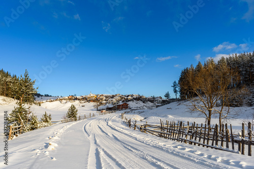 Winter morning at Bulgarian village Medeni Poliani in Rhodopes mountain 