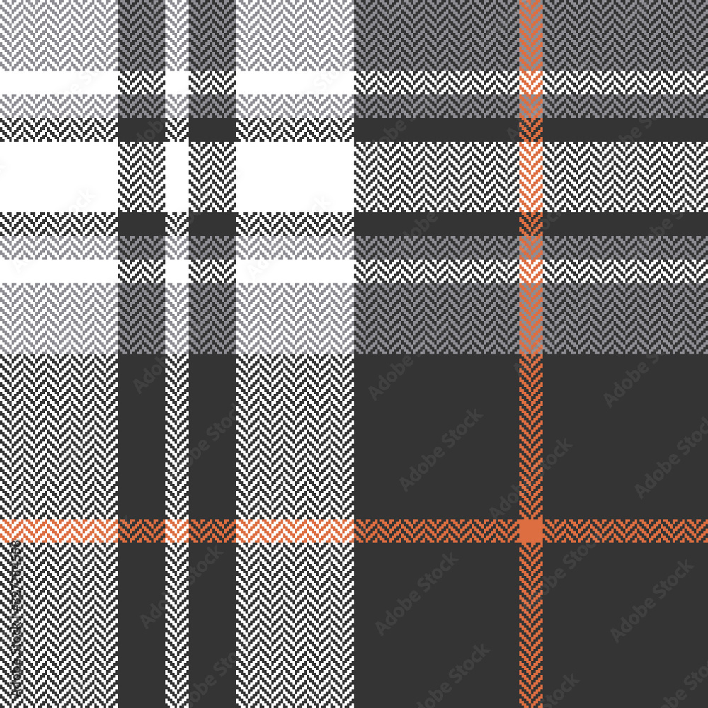 Plaid pattern seamless vector background in grey, orange, and white. Herringbone pixel check plaid for scarf, poncho, flannel shirt, blanket, or other autumn winter fashion textile design.