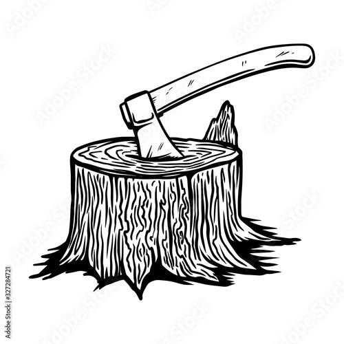 Illustration of lumberjack ax in a wooden deck in engraving style. Design element for emblem, sign, poster, card, banner, flyer. Vector illustration