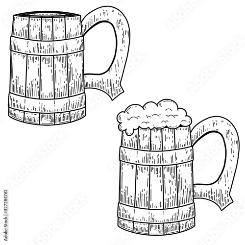 Vintage illustration of mug of beer in engraving style. Design element for logo, label, emblem, sign. Vector illustration