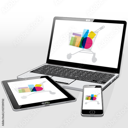 Online e-retail (e-commerce) shopping presented on the 3 presented Mobile devices. 