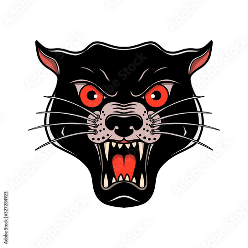 Illustration of wild cat head in old school tattoo style. Design element for poster, card, banner, emblem, t shirt. Vector illustration