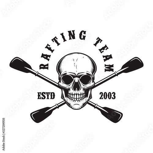 Rafting team. Emblem template with skull, crossed paddles and mountain. Design element for poster, card, banner, flyer, t shirt. Vector illustration