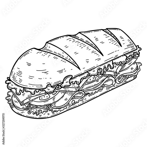 Illustration of submarine sandwich in engraving style. Design element for poster, card, banner, flyer. Vector illustration