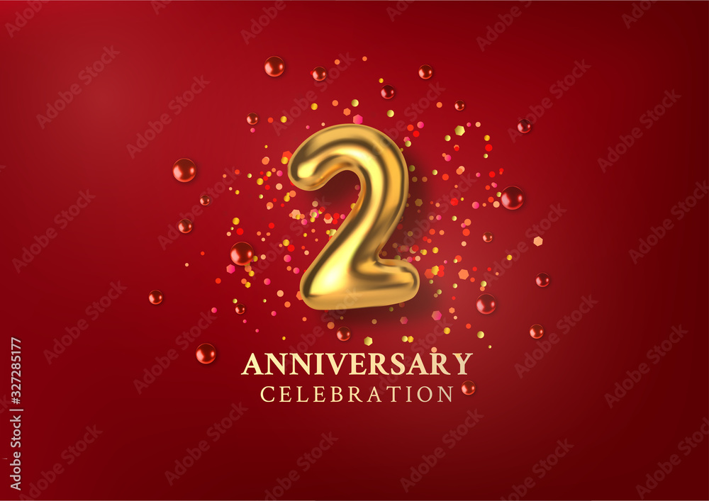 2th Anniversary celebration. Number in the form of golden balloons. Realistic 3d gold numbers and sparkling confetti, glitters. Horizontal template for Birthday or wedding event. Vector illustration 2th Anniversary celebration. Number in the form of golden balloons. Realistic 3d gold numbers and sparkling confetti, glitters. Horizontal template for Birthday or wedding event. Vector illustration
