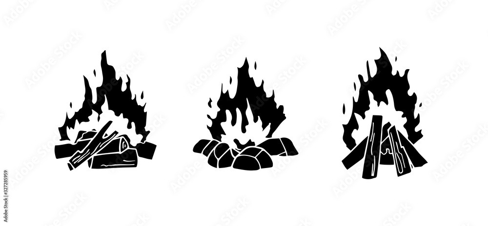 Obraz premium Set of monochrome vector illustrations isolated on a white background. Black silhouettes of burning bonfire. Outdoor adventure. Wild life. Camping hiking time.