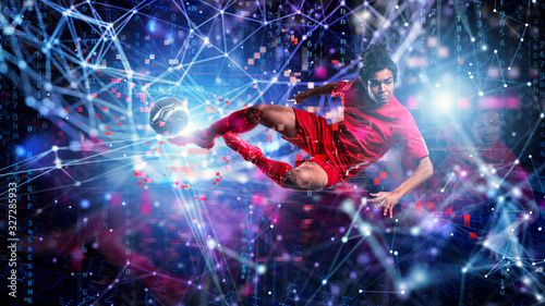 Jumping soccer player kick a ball. Internet background. Concept of bet online