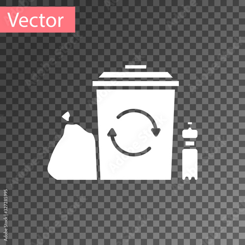 White Recycle bin with recycle symbol icon isolated on transparent background. Trash can icon. Garbage bin sign. Recycle basket. Vector Illustration