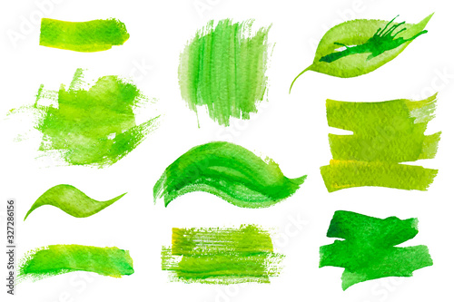 Set of fresh green hand drawn watercolor vector design elements,splashes,stains,dabs,leaf, on the white background for your gesign photo