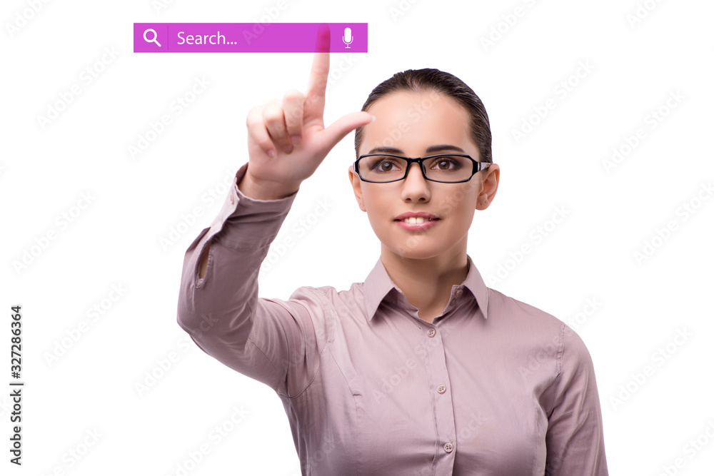 Search concept with businessman pressing button Search concept with businessman pressing button