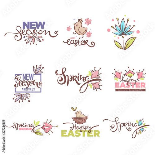 New Season Arrivals, Ester logo, Spring sympols and icons. Handdrawn lettering composition with floral spring elements