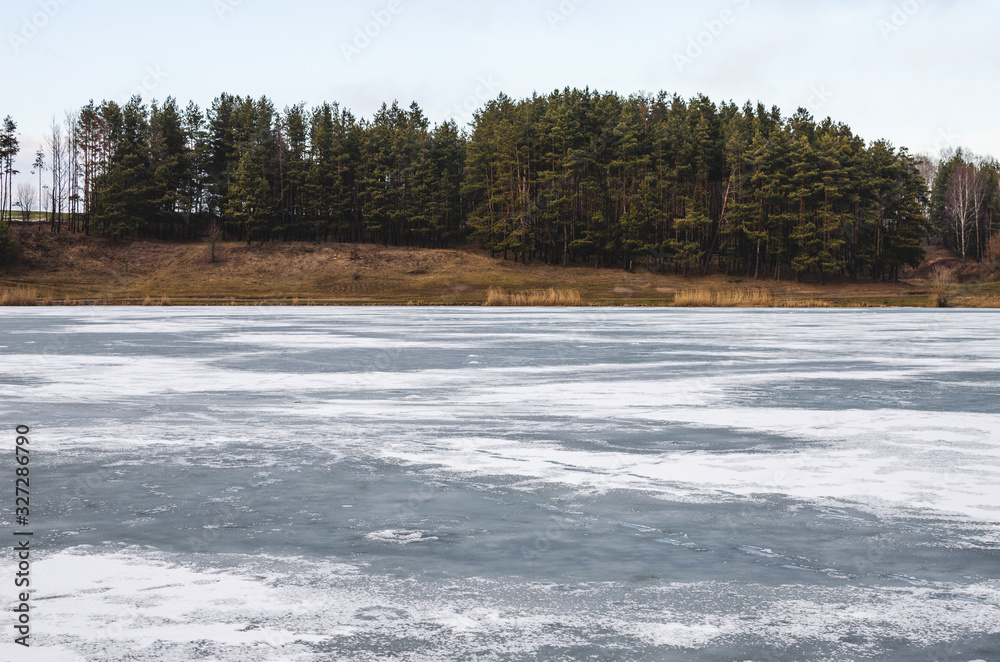 View of a frozen lake with trees in the background. image of early spring time