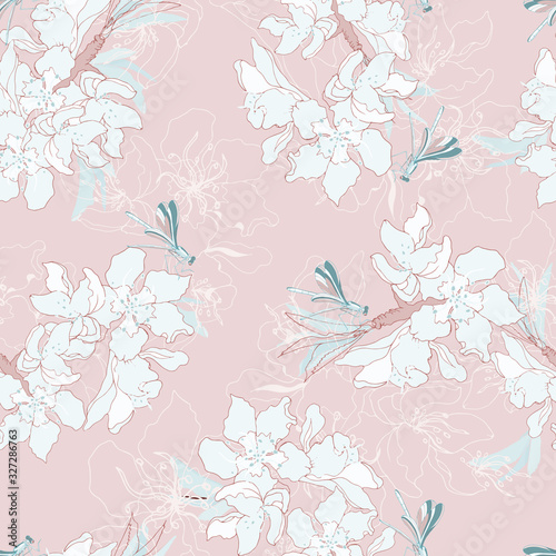 Textile delicate pink pattern with large white flowers and dragonflies. Seamless vector background for fabrics and tiles.